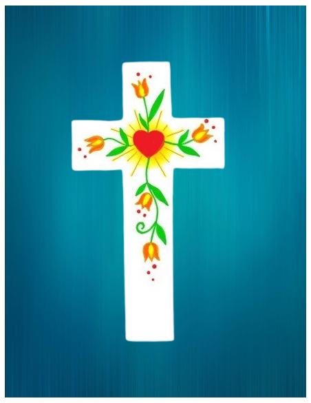 Petite croix enfantine coeur et fleurs oranges.